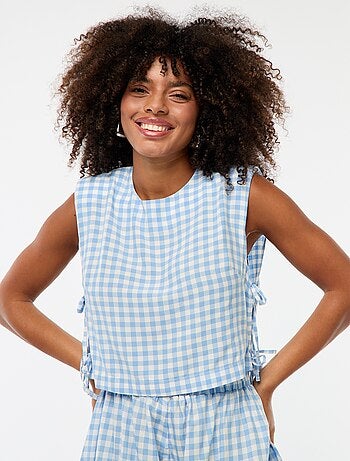 Top met vichyprint en epauletten