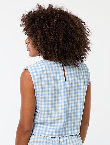 Top met vichyprint en epauletten