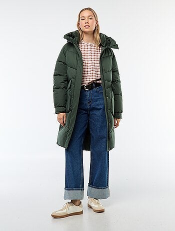 Warme, lange donsjas met capuchon